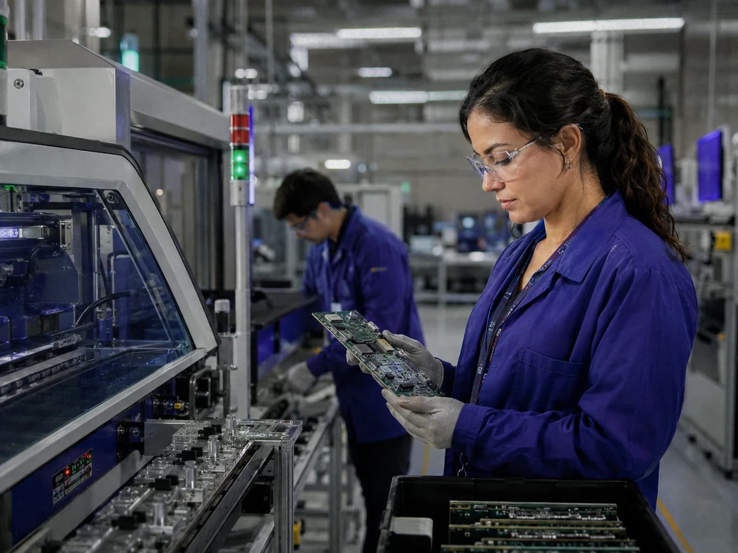 Bancada de laboratório com placa eletrônica, ferro de solda e instrumentos, e as mãos da equipe sobre o projeto