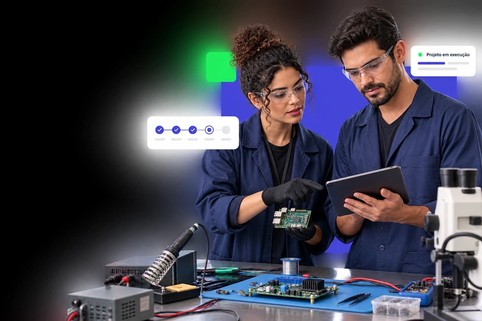 Dois engenheiros da FabriQ analisando uma placa eletrônica na bancada do laboratório