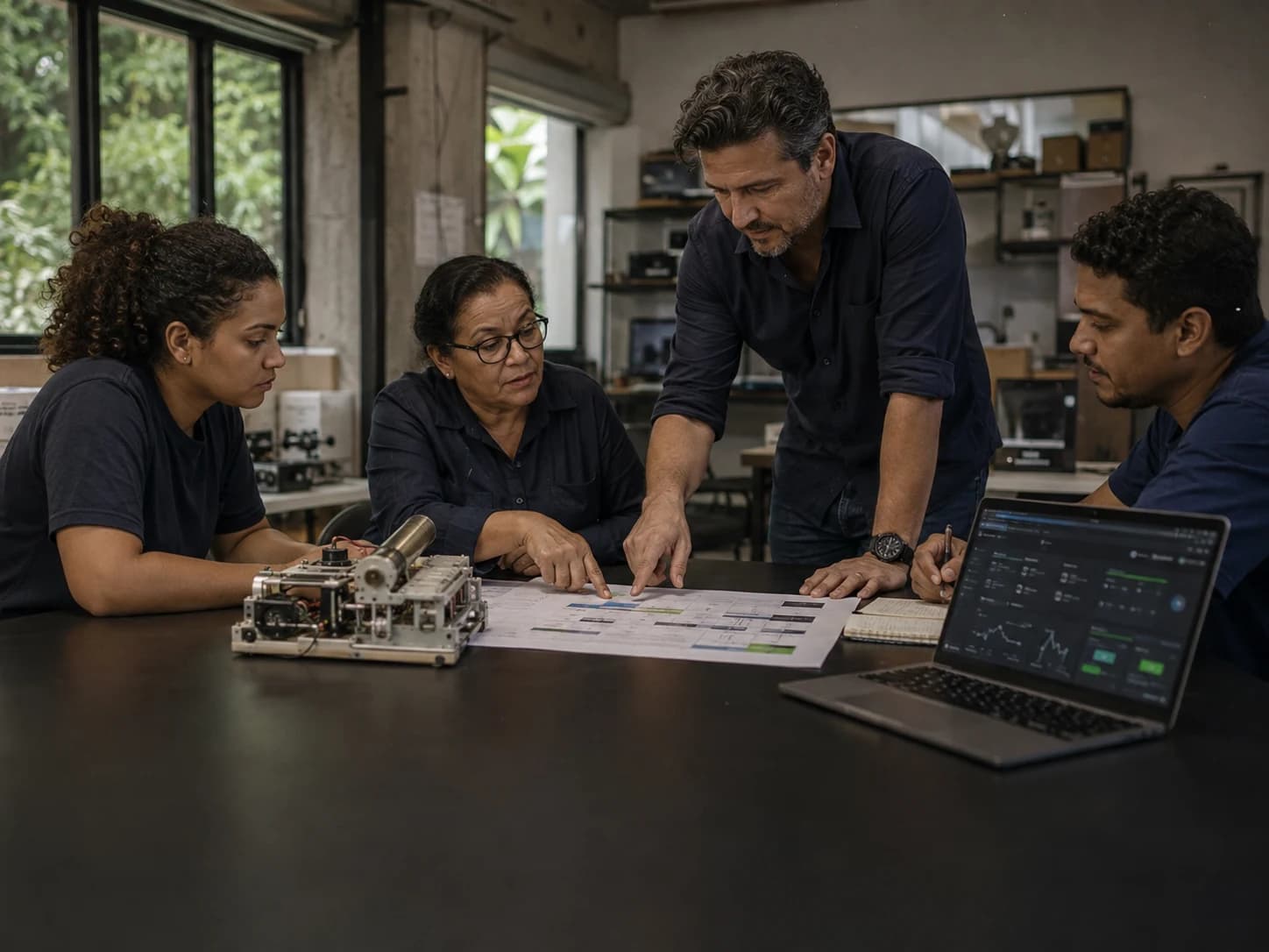 Equipe multidisciplinar revisando um protótipo e o plano de execução de um projeto